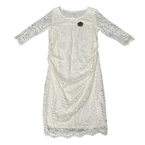PinkBlush Lace Maternity Dress Medium Ruched 3/4 Sleeve Floral Boho Midi White